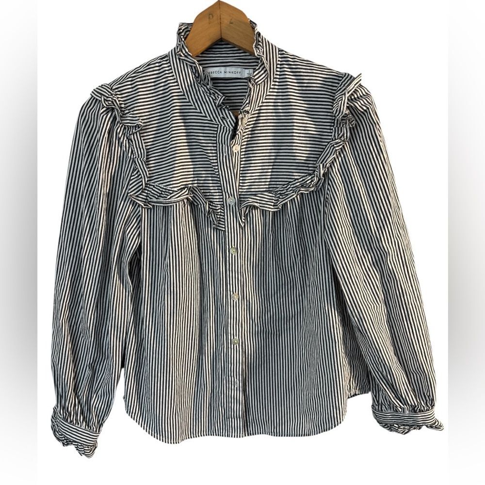 Rebecca Minkoff Grey White Linda Striped Ruffle Blouse Womens S 100% Cotton